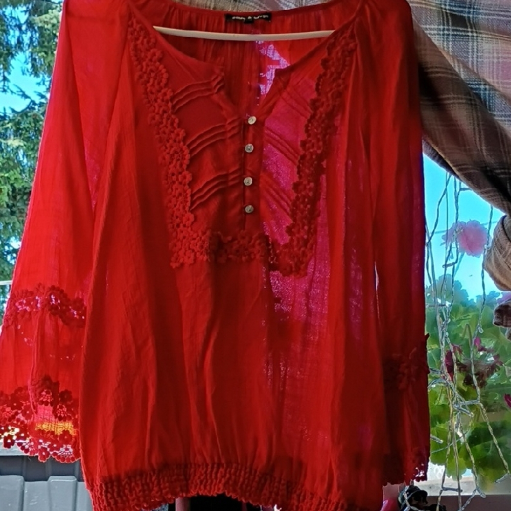 Cable & Gauge Red Ruffled 3/4 Sleeve Bib Collar Blouse
